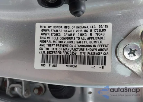 2015 Honda Civic Lx z USA, uszkodzony, nr VIN 19XFB2F51FE076359